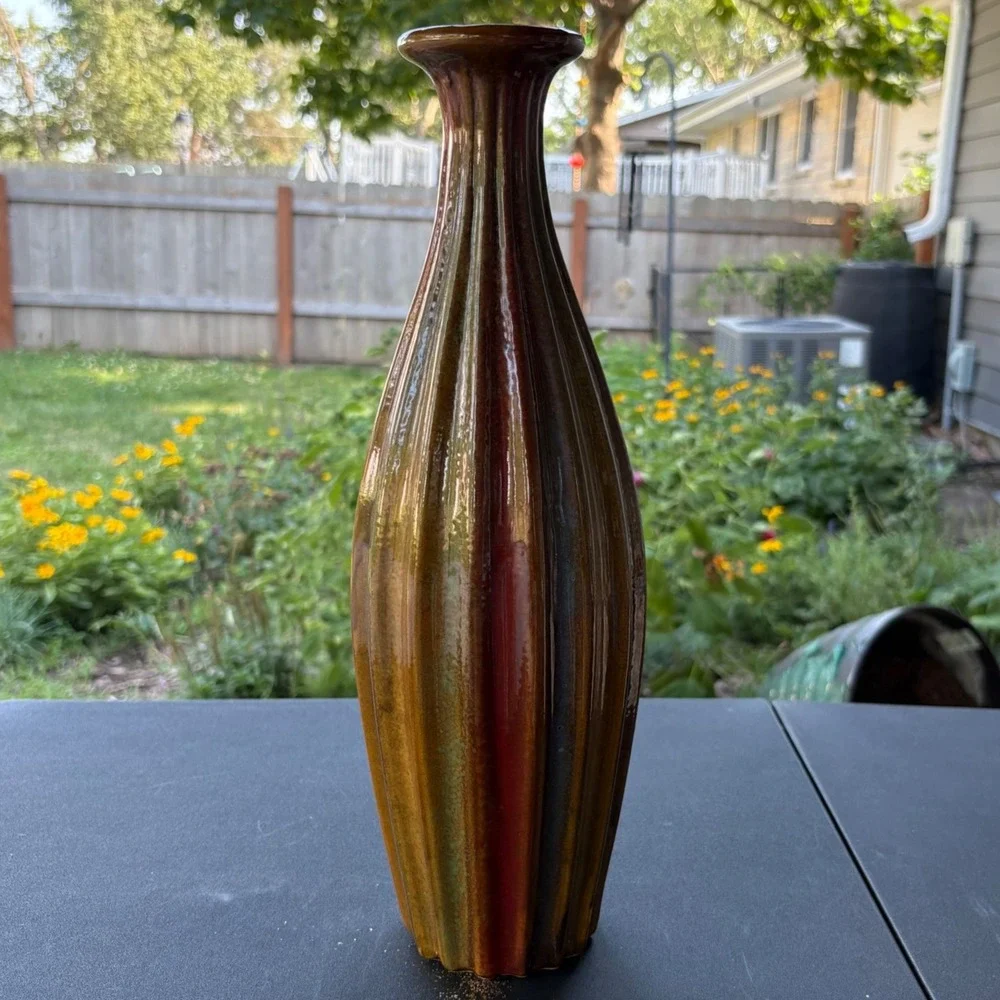 Vintage Style Ribbed Ceramic Vase Drip Glaze Earth Tones Red Amber